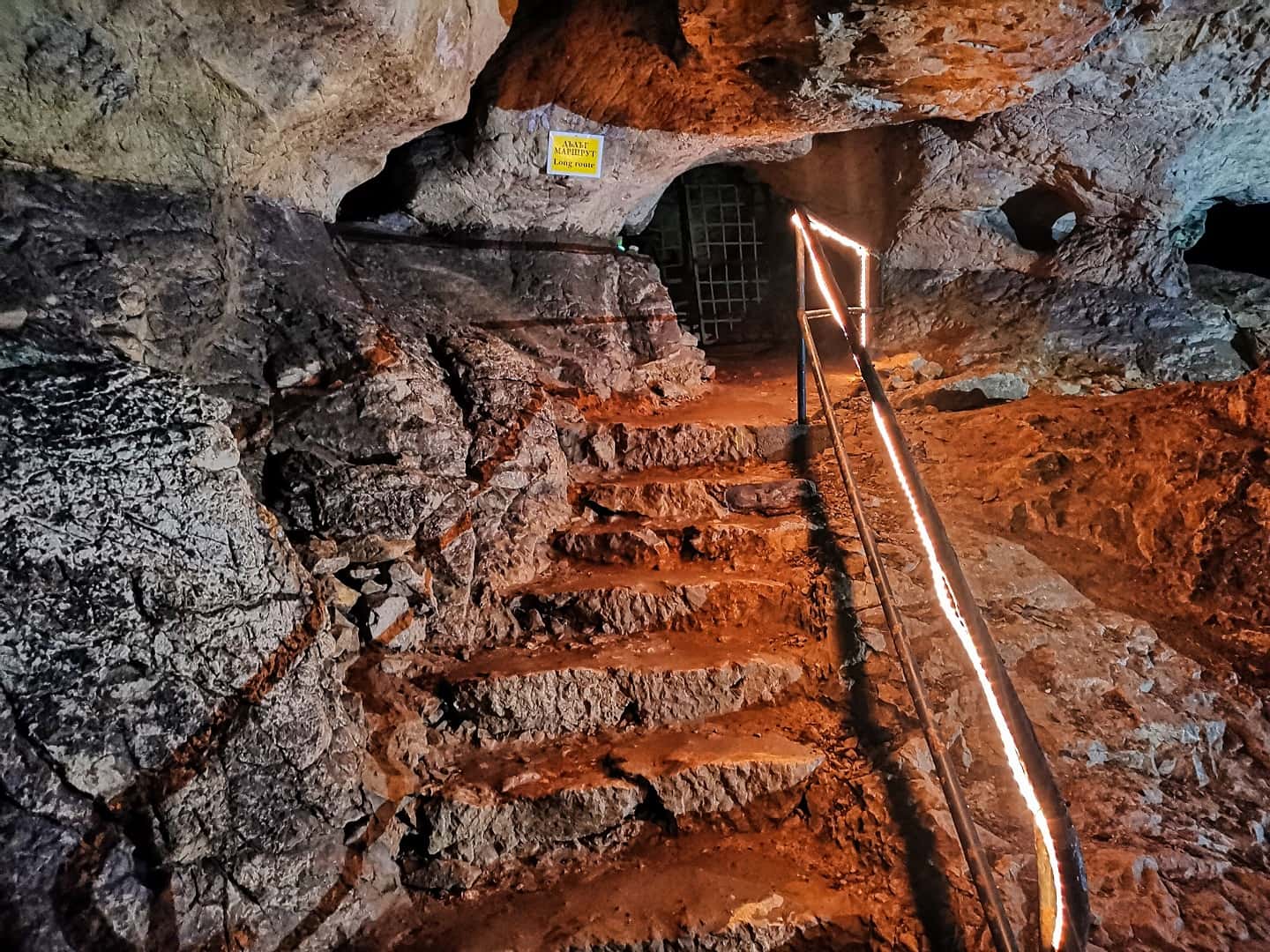 Lightened stairs in the Bacho Kiro cave