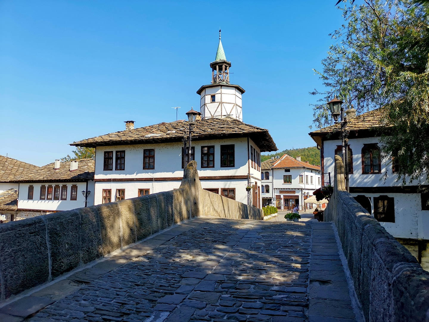 The clock tower and stone bridge in Tryavna